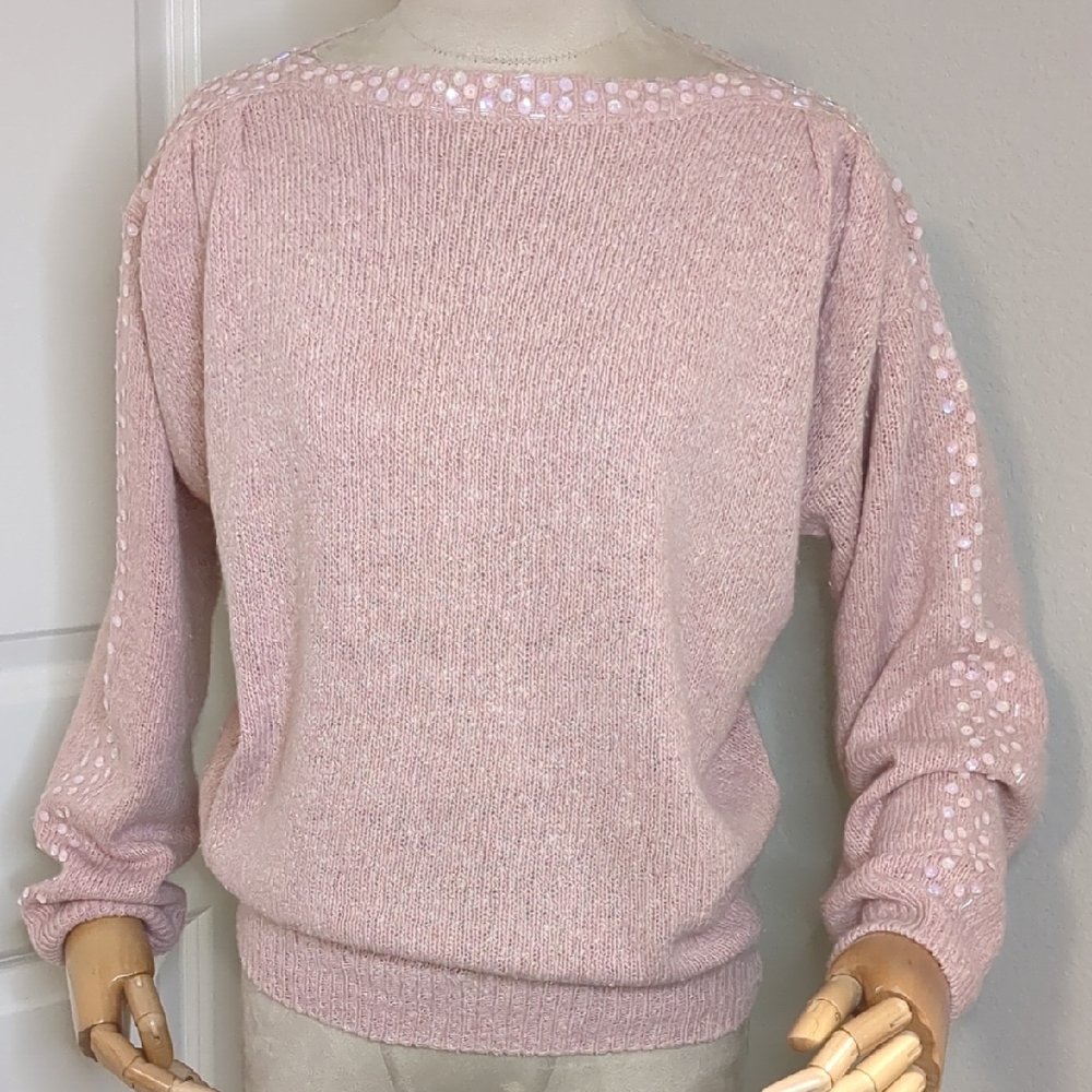 Vintage 80s Relin of San Francisco Pink Silk Sweater Sequin Boat Neck SZ M - Picture 3 of 12